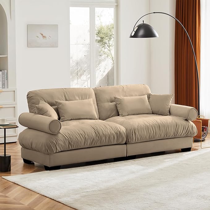 KEIKI 94" Oversized Velvet Modular Sectional Loveseat Sofa with High-Density Foam Cushions and Bolstered Armrests, Upholstered Modern Style 2-Seater Cloud Couch with 4 Pillow, for Living Room, Camel