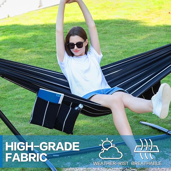 PNAEUT Double Hammocks with Stand for Outside, Portable Space Saving Heavy-Duty Steel Stand for Indoor Outdoor Patio with Carrying Bag, 450 lbs Capacity (Chasm) - Image 5