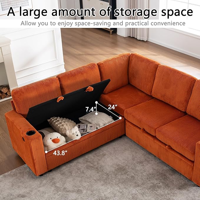 Eafurn 84" Sectional Sleeper Sofa with Pull Out Bed, L-Shaped Modular Corner Sofa with Hidden Storage, Cup Holders & USB Ports, Comfy Corduroy Fabric Convertible Couch for Living Room, Apartment | Breathable material, Side Pockets