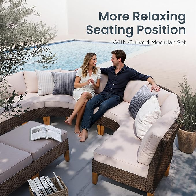 PHI VILLA Half Moon Patio Furniture Set with 56" Fire Pit Table, Outdoor Curved Wicker Sectional Sofa with Cushions and Ottomans, Beige