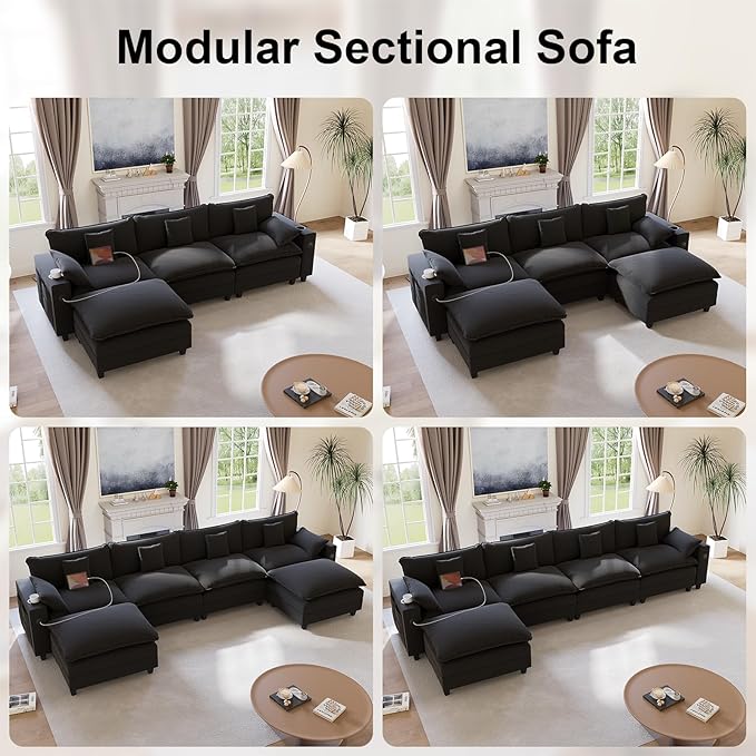 116" Modular Sectional Sofa, L Shaped Cloud Couch with Movable Ottoman, Chenille Deep Seat Cloud Sofa with Charging Station, Cup Holder, Side Pocket, Sectional Couches for Living Room, Black