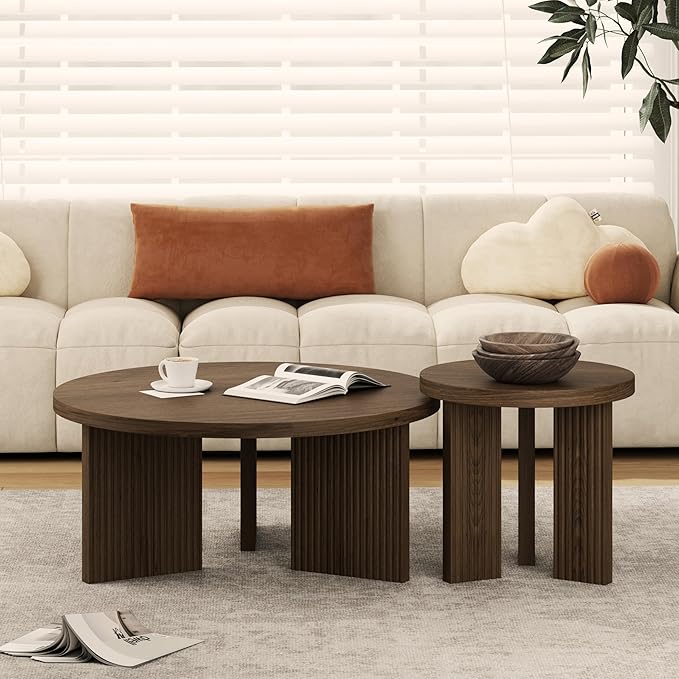 Nesting Coffee Table Set of 2, Modern Wooden Coffee Table with Smooth Thick Design, Circle Tea Table and End Table Set, Accent Center Tables for Living Room, Office, Brown