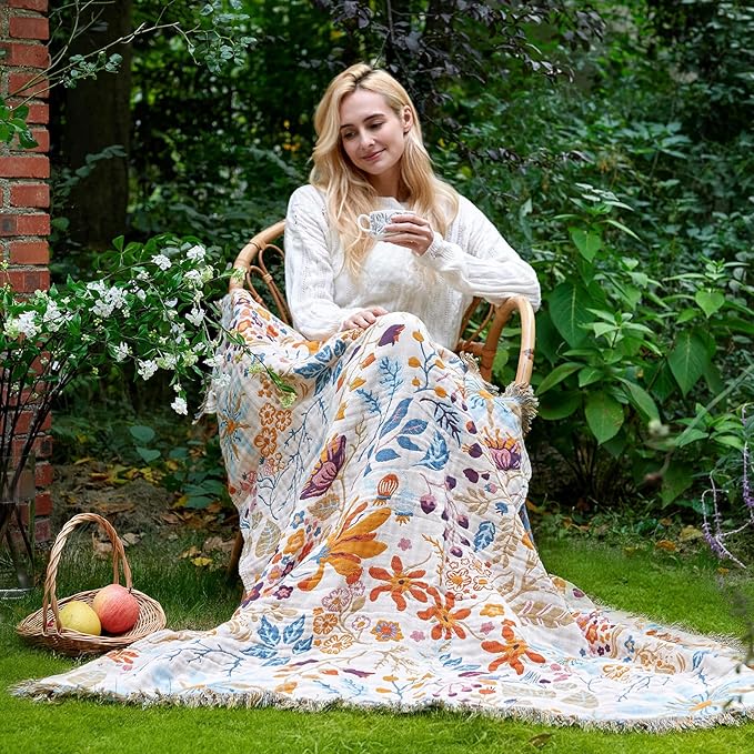 LUTBM Boho Throw Blanket with Florals & Leaves Embroidery Reversible Lightweight Cotton Gauze Throws for Couch,Bed,Sofa & Chair Decor - Bohemian Living Room Accent Gift 60"x80"