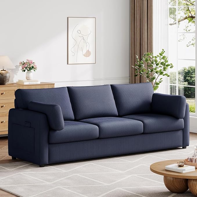3 Pieces Corduroy Living Room Sofa Sets, Navy Blue Couch with Set of 2 Reading Armchairs, Comfy Pillows and Storage Pockets, Modern Living Room Furniture Sets for Apartment, Small Spaces