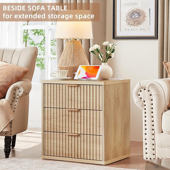 LEYAOYAO 23" Wide Fluted Farmhouse Night Stand Set of 2 with Charging Station, 3 Drawers Large End Table w/Metal Handle, Natural Nightstand Bedside Table,Wood Dresser for Bedroom, Closet - Image 2