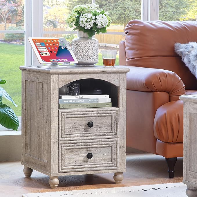 RWYHG 18" Farmhouse Night Stand with Charging Station, Gray Wood Nightstand with 2 Drawers, Bedside End Table with Shelf Storage, Bed Side Tables Cabinet for Bedroom, Living Room, and Closet by RWYHG
