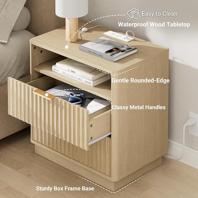Fluted Nightstand, 23" Wide Night Stand, Modern Nightstand with Charging Station, 2 Drawer Large End Table w/Storage, Bedside Table for Bedroom Sofa Home Office, Curved Corners, Natural Oak - Image 5