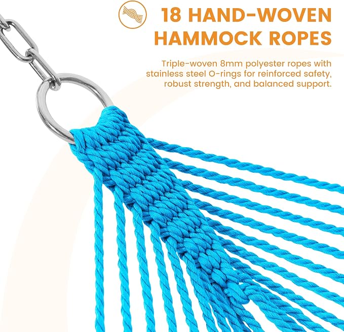Lazy Daze Hammocks 10.5 FT Double 2 Person Caribbean Rope Hammock, Hand Woven Polyester Hammock with Spreader Bars, for Outside Outdoor Backyard Patio Poolside, 450 LBS Capacity, Sky Blue - Image 4
