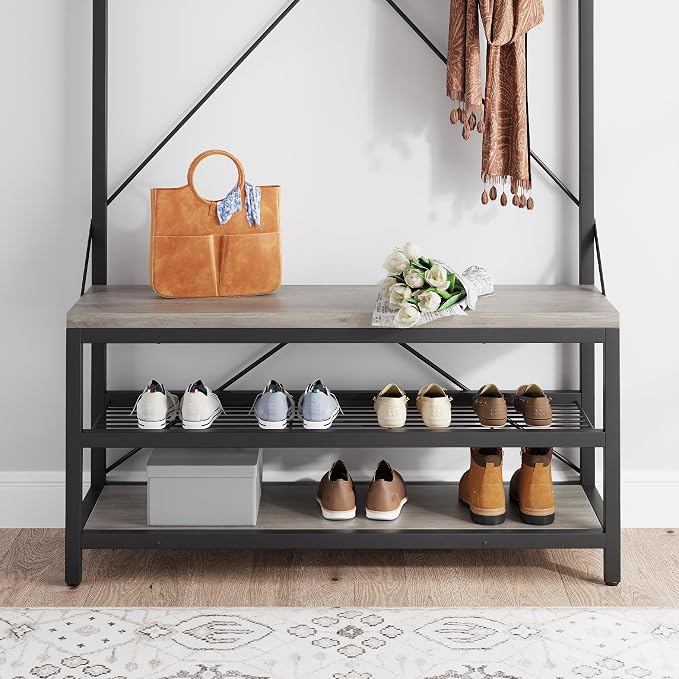 IDEALHOUSE Coat Rack Shoe Bench Industrial Hall Tree Storage Bench for Entryway Wood Look Accent Large Shoe Rack with Storage Shelf Hanging Bar,8 Hooks Grey 39.9"x15.7"x72" - Image 7