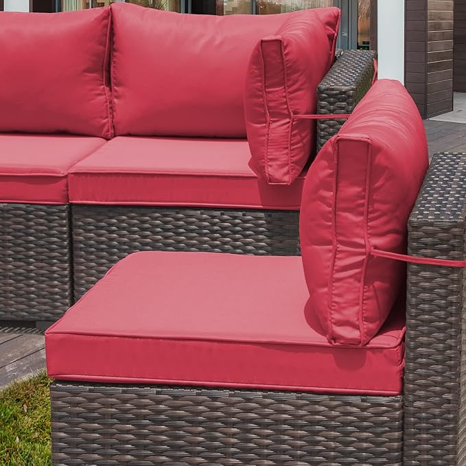 7 Pieces Outdoor Patio Furniture Set,Outdoor Sectional Furniture All Weather PE Rattan Wicker Patio Conversation Set with Coffee Table and 6 Thickened Cushions,Red