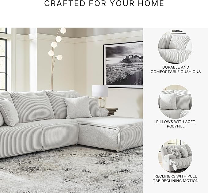 Signature Design by Ashley Top Tier Casual Manual Reclining Right-Arm Facing 3-Piece Sectional Sofa Chaise with 4 Accent Pillows, Light Gray