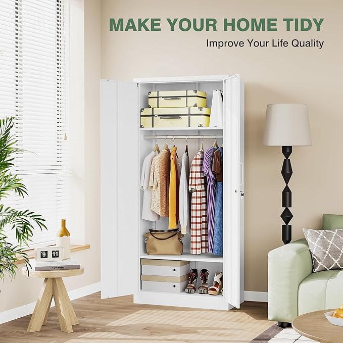 Metal Wardrobe Closet Cabinet,White Armoire Wardrobe Closets Storage Cabinets with Doors and Shelves for Laundry Room,Bedroom,Home Office,Bathroom(Long Handle)