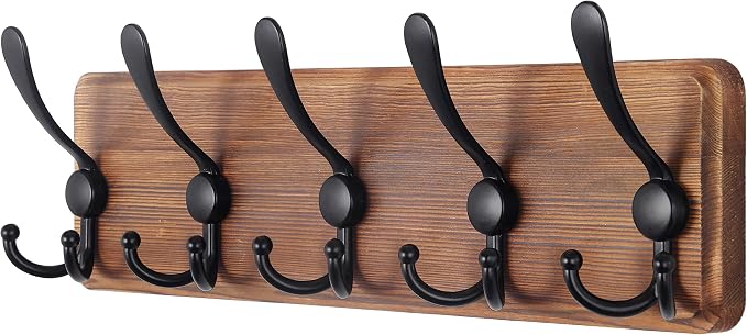 SKOLOO Rustic Wall Mounted Coat Rack: 16" Stud Spacing, Pine Real Wood Plank Wall Coat Rack with 5 Triple Hooks, Farmhouse Coat Hanger Wall Mount for Hanging Backpack Jacket Coat Hat by SKOLOO