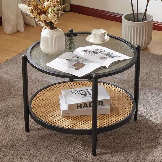 VINGLI 25.6" Black Rattan Modern Coffee Table with 2-Tier Storage, Round Water-Wave Glass Metal Center Table for Living Room and Small Space