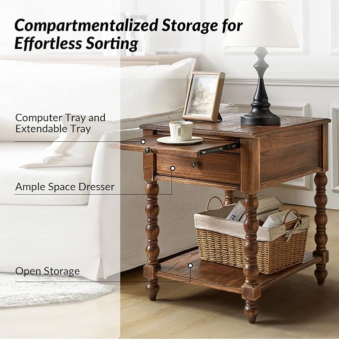 HULALA HOME Spindle Nightstands with Charging Station, Solid Wood Nightstand with Drawer Shelf, Side Table with Pull-Out Shelf (1, Walnut) - Image 6