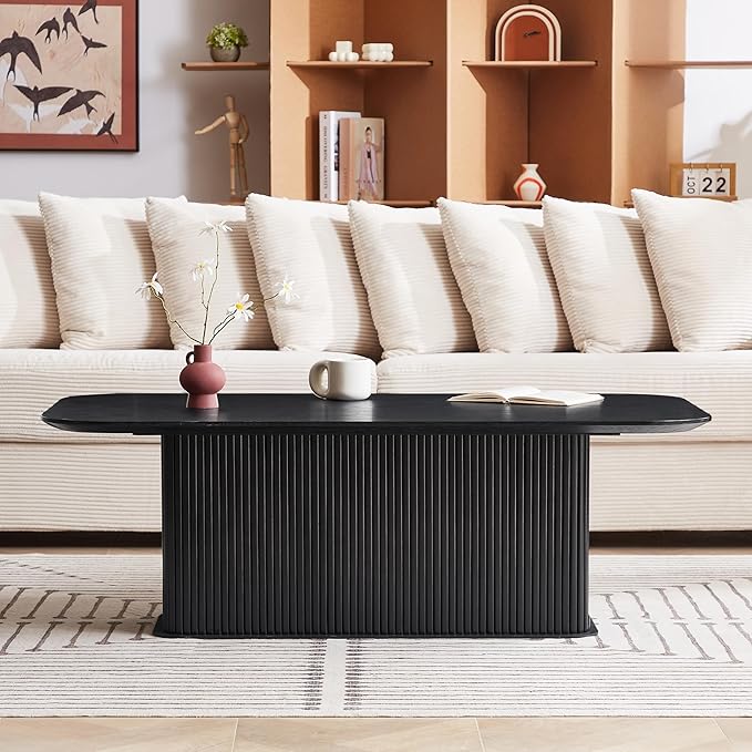 Coffee Table, Modern Wooden Coffee Table Rectangle Center Table with Solid Wood Veneered, Black