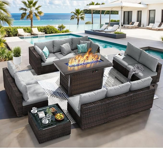 Patio Furniture Set 12 Pieces with 44" Fire Pit Table, Rattan Outdoor Sectional Conversation Sets, All Weather Outdoor Furniture Set with Cushions for Garden Lawn Balcony Porch Deck Grey