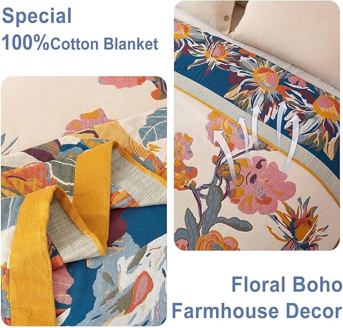Boho Throw Blanket - 100% Cotton Soft Spring Throw Blanket for Bed, 50"x60" Reversible Breathable Lightweight Blankets, All Seasons Farmhouse Decor Floral Plant Butterfly Throw Quilt