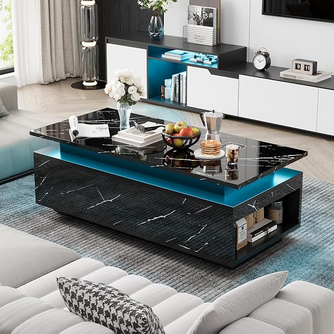 47" Modern LED Coffee Table with Wireless Charging, Bluetooth Speaker, and USB Ports, High Glossy Marble Coffee Table with Large Open 2-Tier Storage and Shelves for Living Room - Black