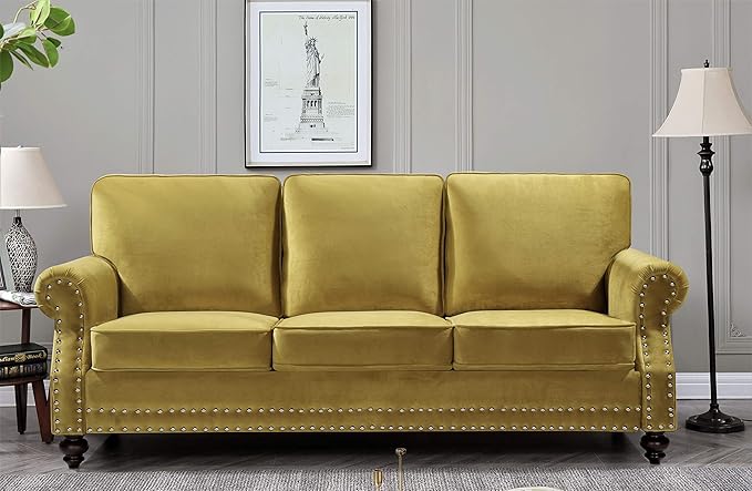 Lotus Mid Century Modern Velvet Upholstered Living Room Rolled Arms, Chair, Loveseat and Sofa, Strong Yellow
