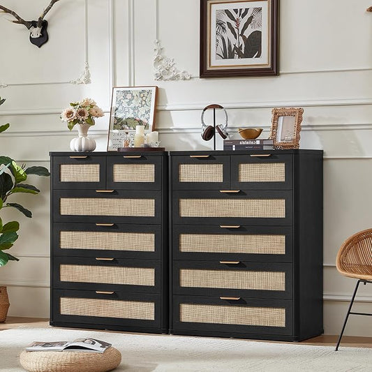 LEYAOYAO Rattan Dresser for Bedroom Set of 2, 42" Tall Chest of Drawers, Modern 6 Drawers Boho Dressers with Storage, Light Oak Dresser Wooden Closet Organizer for Living Room, Hallway, Black by LEYAOYAO-Findtheshiningpointofyourideallife%EF%BC%81