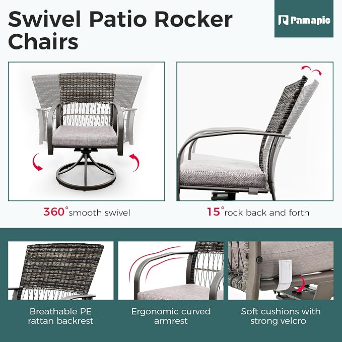 Pamapic 5-Piece Outdoor Dining Set with Swivel Chairs, Rattan Patio Furniture for Backyard, Deck, Garden, Weather-Resistant Iron Slats Table & 4 Chairs with Removable Cushions (Grey) - Image 4