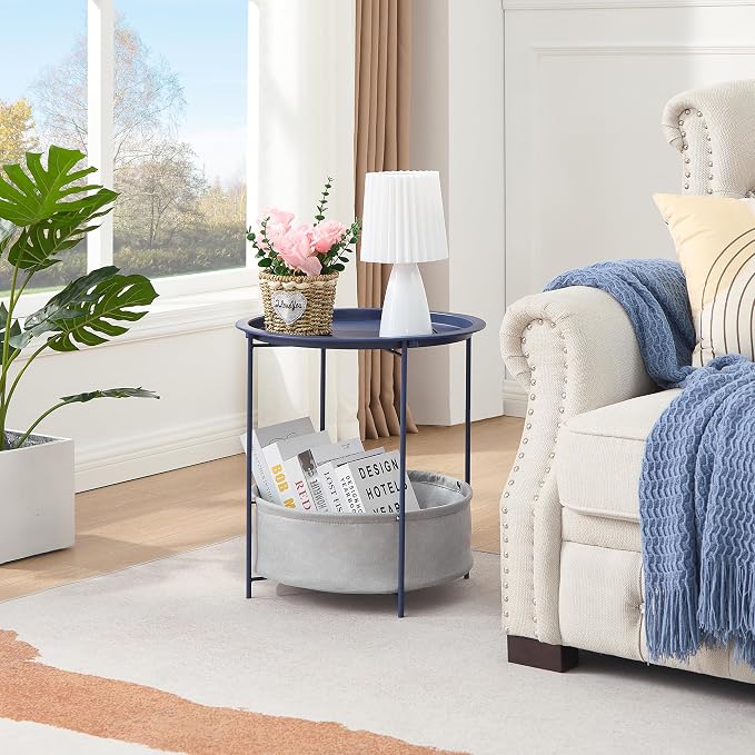 VECELO Round Side/End Table with Fabric Storage Basket，Metal Anti-Rust and Waterproof Small Bedside Nightstand with Removable Tray Top for Living Room，Balcony & Laundry，Blue /2pcs with Basket - Image 2