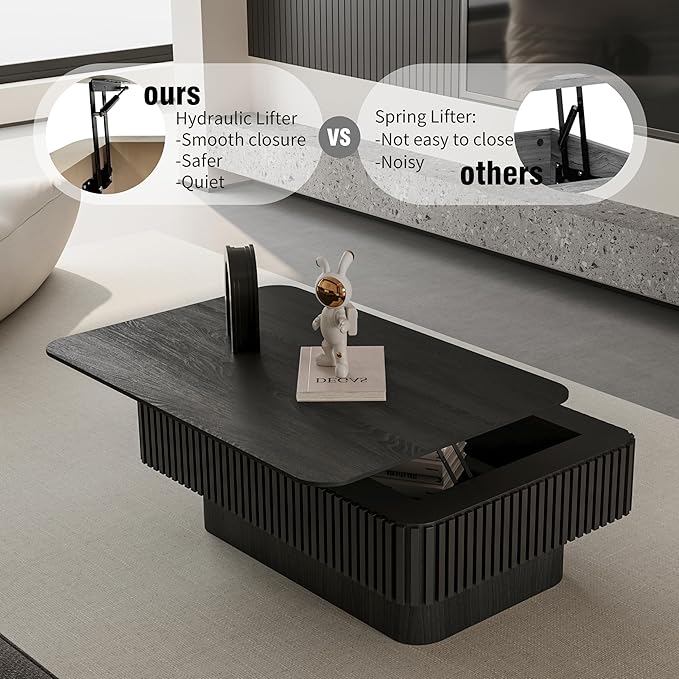 38.6'' Lift-top Coffee Table Solid Wood Veneered Center Table Rectangular Fluted Table with Storage and Adjustable Height for Living Room Apartment Office, Black