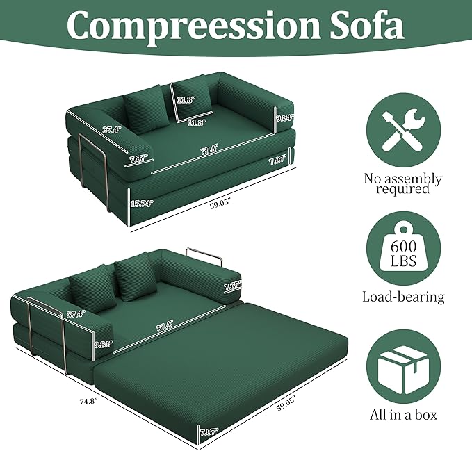 4-in-1 Foldable Sofa Bed Teddy Fabric Foam-Filled Compressed Couch, Convertible Loveseat Sofa, Boneless FoldingSleeper for Living Room, Guest Bed, Playroom (Green, 59” 2 Seat)