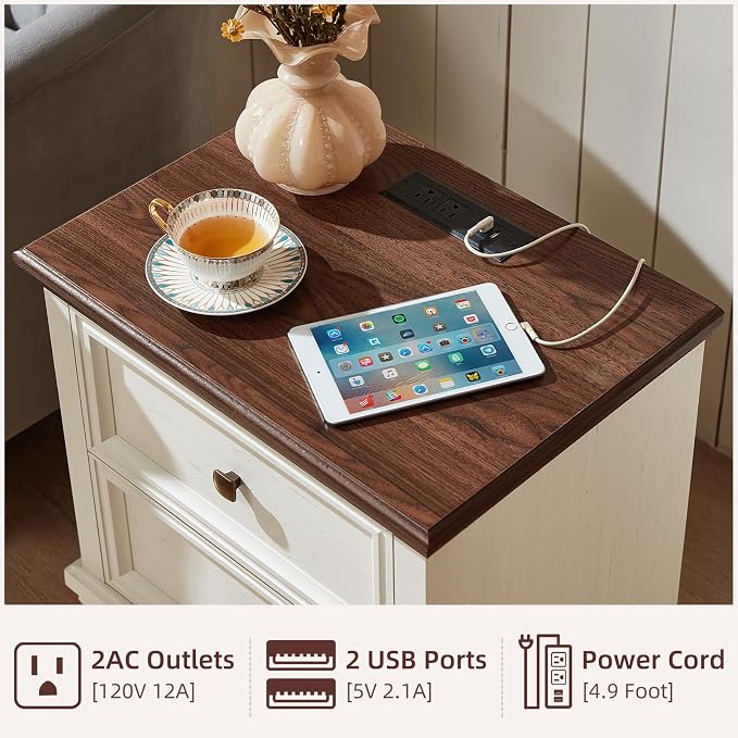 SAVOR LIFE Farmhouse Nightstand with Charging Station, Rustic Low Night Stand with 2 Drawers, Mid-Century Modern End Table with 4 Square Solid Wood Legs, Small Dresser for Bedroom, Home, White - Image 5