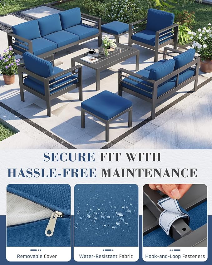 AECOJOY Aluminum Patio Furniture Loveseat, Modern Outdoor Furniture with Washable 5 inch Thick Cushion, Blue
