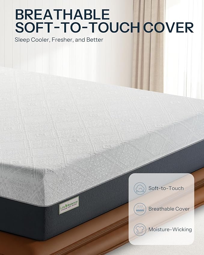 Life Balance 12 Inch Twin Mattress, Gel Memory Foam Twin Size Mattress Made in USA, Pressure Relief, Motion Isolation, CertiPUR-US Certified, Fiberglass Free Colchones in a Box Medium Firm, CY-12-T