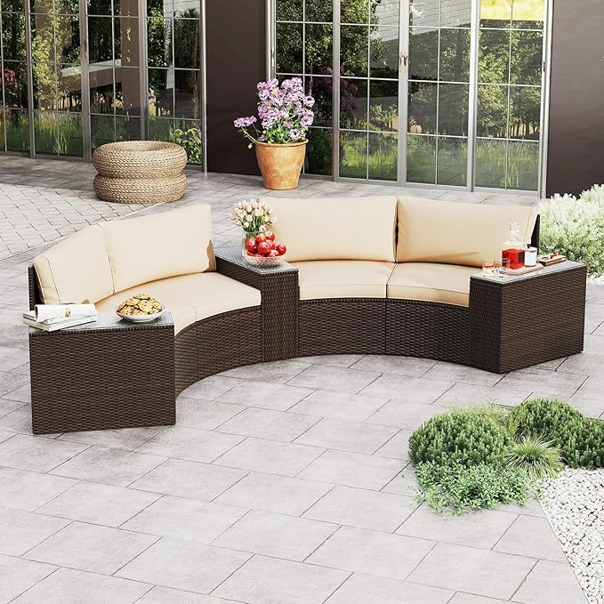 Tangkula 5 Pieces Patio Furniture Set, PE Rattan Half-Moon Curved Sectional Sofas with Tempered Glass Top Side Tables, Outdoor Conversation Set for Porch, Backyard & Poolside (Beige)