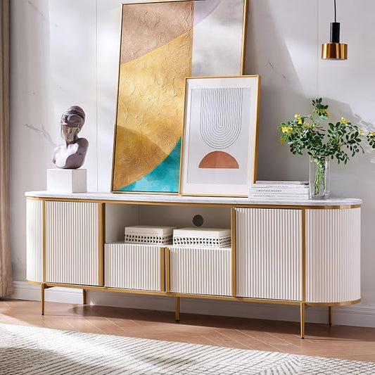 OKD Luxury 70" Fluted TV Stand, Modern Chic Entertainment Center for TVs Up to 80 inches, TV Console with Faux Marble Top, Curved Profile Design, Media Console for Living Room, Off White by OKD