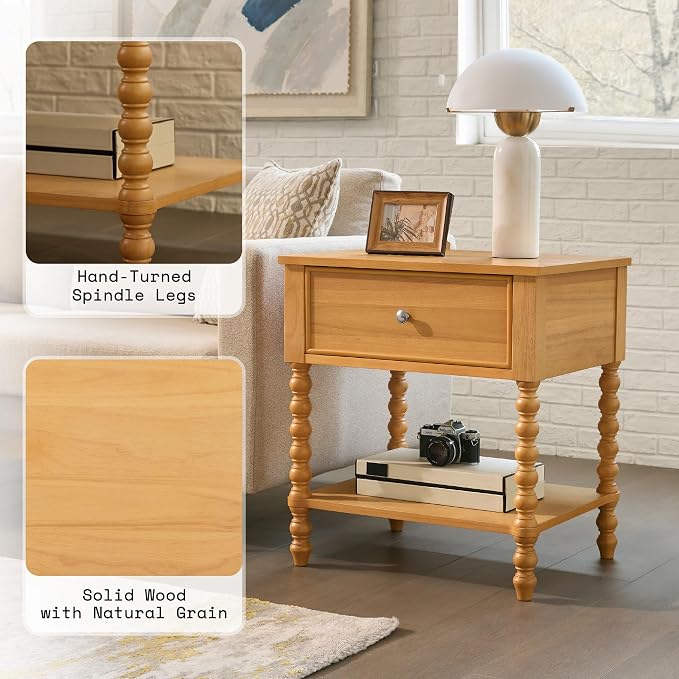 AMERLIFE 24" Wood Nightstand, Vintage Bedside Table for Bedroom, Solid Wood Night Stand with Turned Legs, End Table with Drawer & Open Shelf, Large/Tall Nightstand, Natural Finish - Image 4