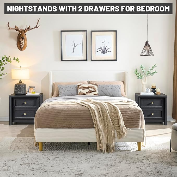 Black Nightstand Set of 2, Farmhouse Night Stand Set 2, Black and Gold Nightstand with 2 Drawers, Wood Bed Side Table for Bedroom, 23.3” Tall Nightstand with Gold Knob, Wooden End Table Sofa Couch - Image 8