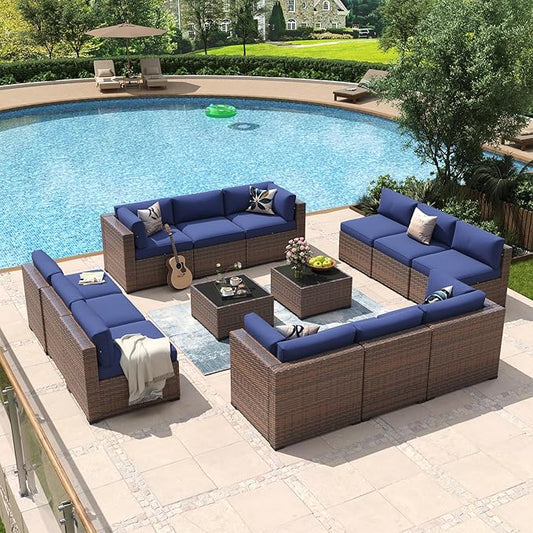 Aoxun 14 Piece Patio Furniture Set Wicker Rattan Patio Conversation Set Outdoor Sectional Sofa Set with Coffee Table and Thickened Cushions, Blue(Waterproof Cover Included)