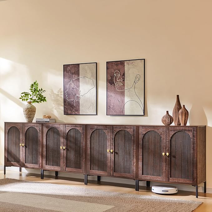 IFGET Modern TV Stands for 85 Inch TVs, 123.5‬"W Wood Entertainment Center w/Adjustable Shelves, Mid Century Modern TV Stand w/Arched Fluted Doors, Media Console Cabinet for Living Room, Brown - Image 8