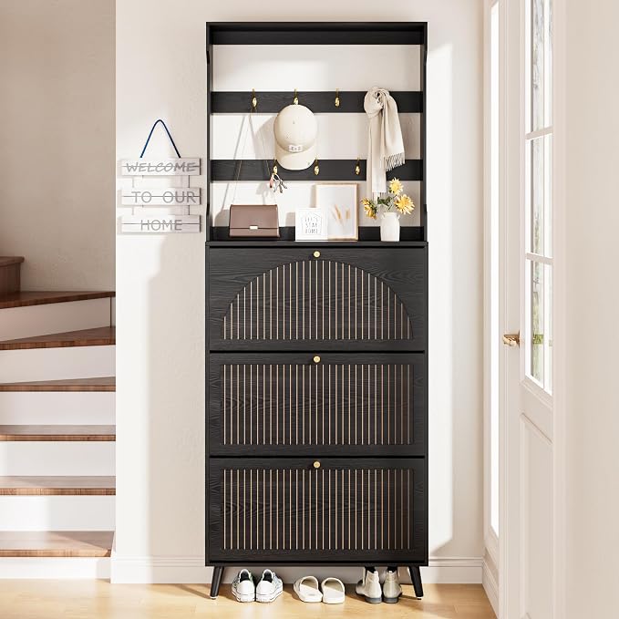 Fsbecl Shoe Cabinet for Entryway with 3 Flip Drawers & Coat Rack, Narrow Hidden Shoe Storage Cabinet with Fluted Panel, 2-in-1 Hall Tree Slim Freestanding Shoe Rack Organizer for Hallway, Black - Image 6