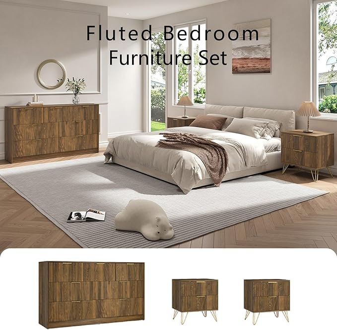 7 Drawer Dresser and Nightstand Sets for Bedroom, 3 Pcs Bedroom Set，Night Stand Set of 2 & 7 Drawer Dresser with Gold Handles, Wood Chest of Drawers Mid Century Storage Cabinet Set, Natural