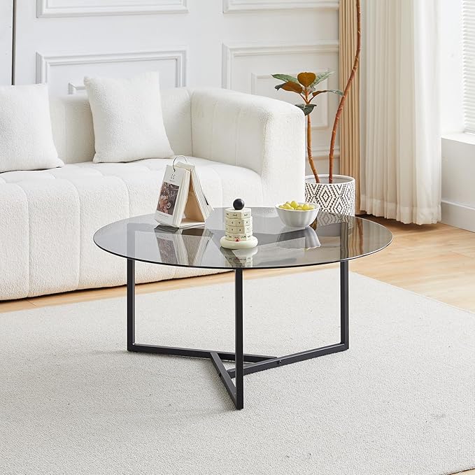 CLIPOP Small Round Coffee Table, Tempered Glass Coffee Table with Triangle Structure Metal Frame, Adjustable Feet Padded, Modern Coffee Table for Living Room, Small Space, Black