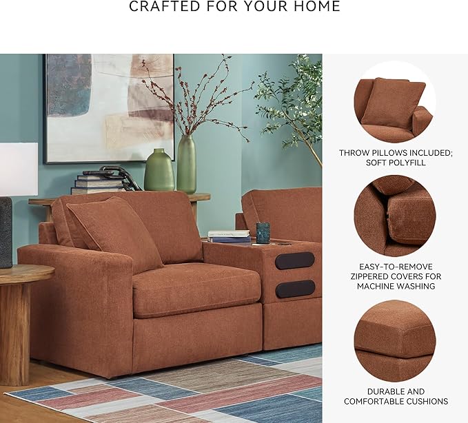 Signature Design by Ashley Modmax Contemporary Stain Resistant Right-Arm Facing 8-Piece Sectional with Audio Consoles, Armrest, Throw Pillows, Reversible Cushions and USB Port, Orange