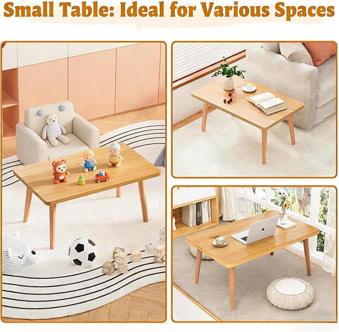 Coffee Table Low Table with 4 Solid Wood Leg, Floor Table Desk for Sitting on The Floor, Small Coffee Table for Small Space, Japanese Side Table for Living Room Apartment Home, Rectangle Brown