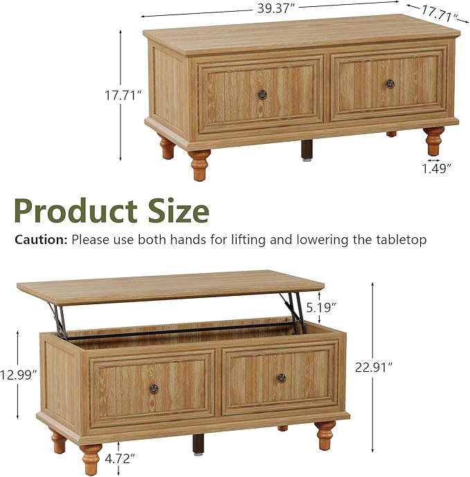 39" Lift Top Coffee Table, Wood Center Table with Storage, Retro Coffee Tables Rectangular Dining Table for Living Room Home Office Small Space (Natural)