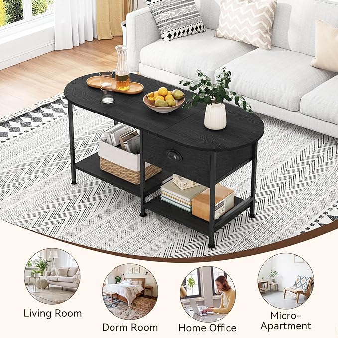 37" Oval Small Coffee Table with Storage,Modern Wood Living Room Center Table for Small Space,Apartment,Home Office,Drawer & Open Shelves,Easy Assembly,Black