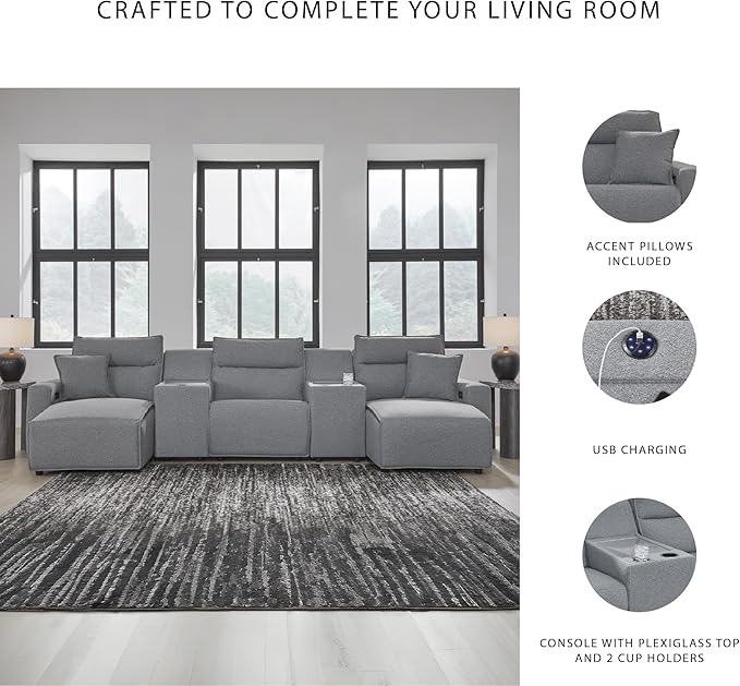 Signature Design by Ashley Modern ModMax II Stain Resistant U-Shape Symmetrical 5-Piece Power Reclining Sectional with Chaise, Storage Console and Adjustable Headrest, Gray