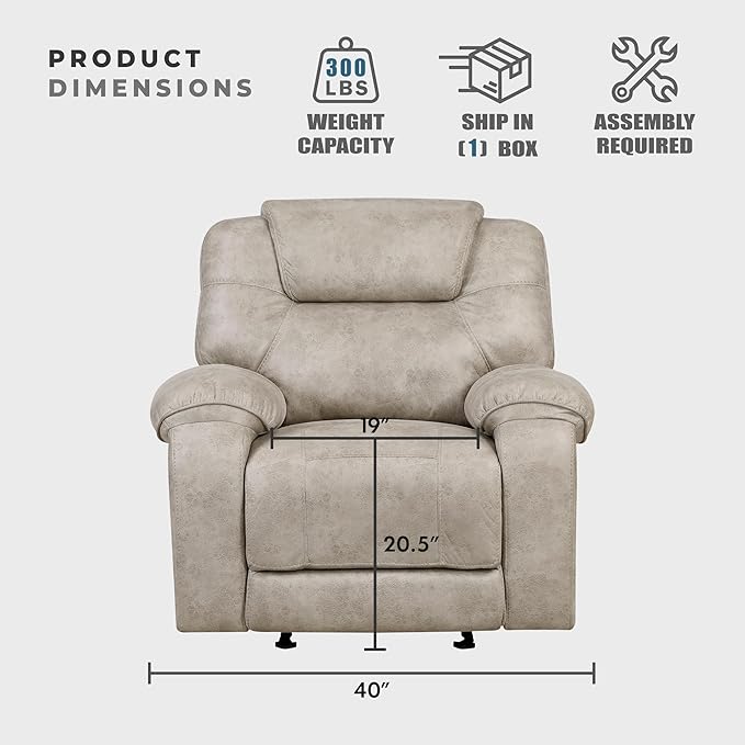 Lexicon Manual Glider Recliner Chair, Polished Microfiber Upholstered Manual Tab Pull Reclining Nursery Chair for Living Room, Pillow Top Armrest, Padded Headrest, Easy Assembly, Pewter