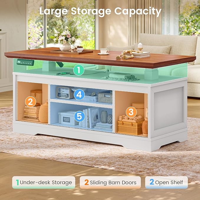 SEDETA 47.2" Farmhouse Smart Lift Top Coffee Table, Rectangle Coffee Table with Storage and Barn Door, Height Adjustable Coffee Table with Power Outlet for Living Room (White)