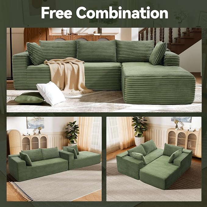 106" Modular Sectional Sofa, Green Corduroy Cloud Couch with Left Chaise, Deep Seat Boneless Floor Sofa for Living Room, High-Resilience Foam Support, No Assembly Required, Includes Pillows | Sectional Sofa, Corduroy Cloud, Boneless, High-Resilience, N...