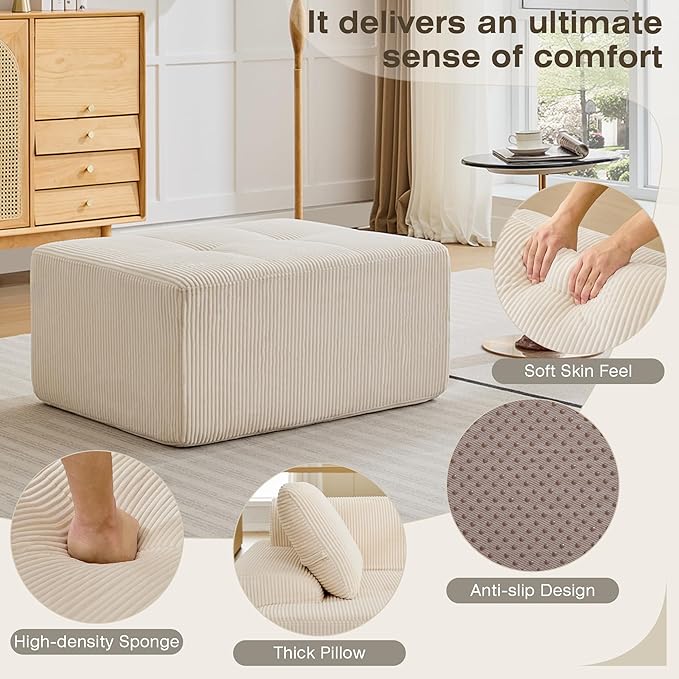 Modular Sectional Sofa, Boneless Couches for Living Room, Corduroy Couch, Big Comfy Couch, Modular Cloud Sofa with Deep Seat (White, 1 Piece-Ottoman)